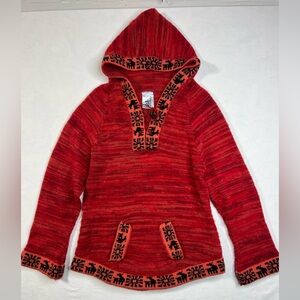 Chasqui Red Orange and Black Bolivia Hand Knit Alpaca Wool Hooded Sweater